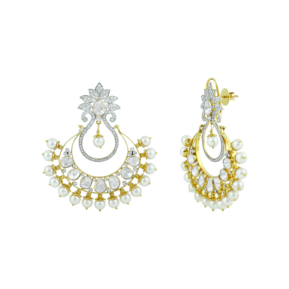 Chandbali Earrings with Polki, Floral Design, and Pearls